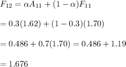F_{12}=\alpha&#10; A_{11}+(1-\alpha)F_{11} \\  \\ =0.3(1.62)+(1-0.3)(1.70) \\  \\ &#10;=0.486+0.7(1.70)=0.486+1.19 \\  \\ =1.676