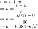 v = u +at\\\Rightarrow a = \dfrac{v-u}{t}\\\Rightarrow a = \dfrac{5.047-0}{60}\\\Rightarrow a =0.084\ m/s^2