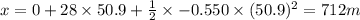 x=0 + 28\times50.9+\frac{1}{2}\times -0.550\times (50.9)^{2} =712m