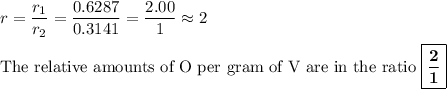 r = \dfrac{r_{1}}{r_{2}} = \dfrac{ 0.6287}{0.3141} = \dfrac{2.00}{1} \approx 2\\\\\text{The relative amounts of O per gram of V are in the ratio }\boxed{\mathbf{\dfrac{2}{1}}}