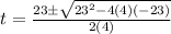 t = \frac{23 \pm \sqrt{23^{2}-4(4)(-23)} }{2(4)}