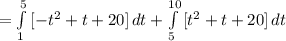 = \int\limits^5_1 {[-t^2+t+20]} \, dt + \int\limits^{10}_5 {[t^2+t+20]} \, dt