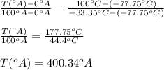 \frac{T(^oA)-0^oA}{100^oA-0^oA}=\frac{100^oC-(-77.75^oC)}{-33.35^oC-(-77.75^oC)}\\\\\frac{T(^oA)}{100^oA}=\frac{177.75^oC}{44.4^oC}\\\\T(^oA)=400.34^oA