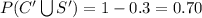 P(C'\bigcup S')=1-0.3=0.70