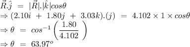 \vec{R}.\hat{j}\ =\ |\vec{R}|.|\hat{k}|cos\theta\\\Rightarrow (2.10i\ +\ 1.80j\ +\ 3.03k).(j)\ =\ 4.102\times 1\times cos\theta\\\Rightarrow \theta\ =\ cos^{-1}\left ( \dfrac{1.80}{4.102}\ \right )\\\Rightarrow \theta\ =\ 63.97^o