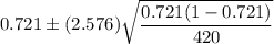 0.721\pm (2.576)\sqrt{\dfrac{0.721(1-0.721)}{420}}