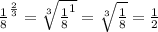 \frac{1}{8}^ \frac{2}{3}= \sqrt[3]{\frac{1}{8}^1} = \sqrt[3]{\frac{1}{8}}=\frac{1}{2}