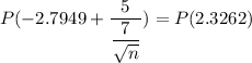 P(-2.7949+\dfrac{5}{\dfrac{7}{\sqrt{n} }})=P(2.3262)