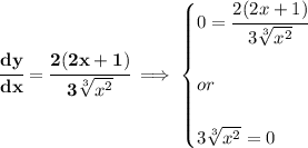 \bf \cfrac{dy}{dx}=\cfrac{2(2x+1)}{3\sqrt[3]{x^2}}\implies &#10;\begin{cases}&#10;0=\cfrac{2(2x+1)}{3\sqrt[3]{x^2}}&#10;\\\\&#10;or&#10;\\\\&#10;3\sqrt[3]{x^2}=0&#10;\end{cases}