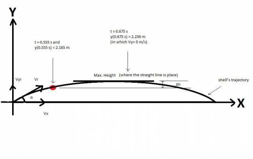 Acannon fires a 0.2 kg shell with initial velocity vi = 9.2 m/s in the direction θ = 46 ◦ above the
