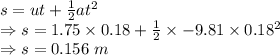 s=ut+\frac{1}{2}at^2\\\Rightarrow s=1.75\times 0.18+\frac{1}{2}\times -9.81\times 0.18^2\\\Rightarrow s=0.156\ m