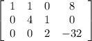 \left[\begin{array}{cccc}1&1&0&8\\0&4&1&0\\0&0&2&-32\end{array}\right]