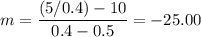 m=\dfrac{(5/0.4)-10}{0.4-0.5}=-25.00