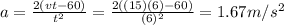 a=\frac{2(vt-60)}{t^{2} } =\frac{2((15)(6)-60)}{(6)^{2} }=1.67m/s^{2}