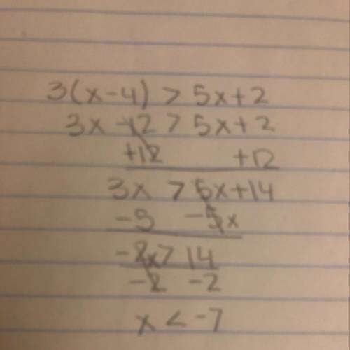 What value of x is in the solution set of 3(х – 4) >  5х + 2?  0—10
