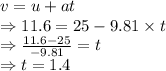 v=u+at\\\Rightarrow 11.6=25-9.81\times t\\\Rightarrow \frac{11.6-25}{-9.81}=t\\\Rightarrow t=1.4 \s