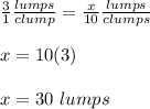 \frac{3}{1} \frac{lumps}{clump}=\frac{x}{10} \frac{lumps}{clumps}\\\\x=10(3)\\\\x=30\ lumps