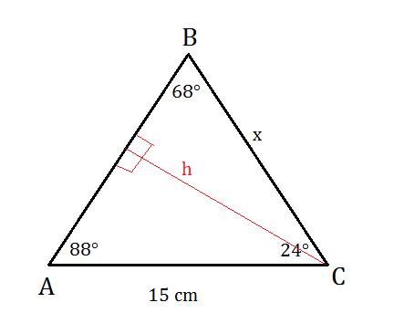 In ∆abc, ac = 15 centimeters, m b = 68°, and m c = 24°. what is bc to two decimal places?  6.58 cent