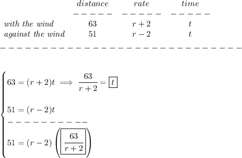 \bf \begin{array}{lccclll}&#10;&distance&rate&time\\&#10;&-----&-----&-----\\&#10;\textit{with the wind}&63&r+2&t\\&#10;\textit{against the wind}&51&r-2&t&#10;\end{array}\\\\&#10;-----------------------------\\\\&#10;&#10;\begin{cases}&#10;63=(r+2)t\implies \cfrac{63}{r+2}=\boxed{t}\\\\&#10;51=(r-2)t\\&#10;----------\\&#10;51=(r-2)\left( \boxed{\cfrac{63}{r+2}} \right)&#10;\end{cases}