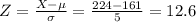 Z = \frac{X - \mu}{\sigma} = \frac{224-161}{5} = 12.6