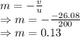 m=-\frac{v}{u}\\\Rightarrow m=-\frac{-26.08}{200}\\\Rightarrow m=0.13