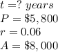 t=?\ years\\ P=\$5,800\\ r=0.06\\A=\$8,000