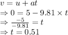 v=u+at\\\Rightarrow 0=5-9.81\times t\\\Rightarrow \frac{-5}{-9.81}=t\\\Rightarrow t=0.51 \s