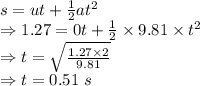 s=ut+\frac{1}{2}at^2\\\Rightarrow 1.27=0t+\frac{1}{2}\times 9.81\times t^2\\\Rightarrow t=\sqrt{\frac{1.27\times 2}{9.81}}\\\Rightarrow t=0.51\ s