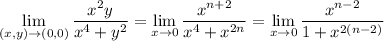 \displaystyle\lim_{(x,y)\to(0,0)}\frac{x^2y}{x^4+y^2}=\lim_{x\to0}\frac{x^{n+2}}{x^4+x^{2n}}=\lim_{x\to0}\frac{x^{n-2}}{1+x^{2(n-2)}}
