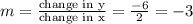 m=\frac{\text{change in y}}{\text{change in x}}=\frac{-6}{2}=-3