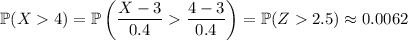 \mathbb P(X4)=\mathbb P\left(\dfrac{X-3}{0.4}\dfrac{4-3}{0.4}\right)=\mathbb P(Z2.5)\approx0.0062