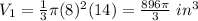 V_1=\frac{1}{3} \pi (8)^2(14)=\frac{896 \pi}{3}\hspace{3}in^3