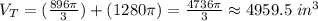V_T= (\frac{896\pi}{3} )+(1280\pi)=\frac{4736\pi}{3} \approx4959.5\hspace{3}in^3