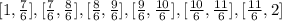 [1 ,  \frac{7}{6}] , [ \frac{7}{6} ,  \frac{8}{6} ] , [ \frac{8}{6} ,  \frac{9}{6} ] , [ \frac{9}{6} ,  \frac{10}{6} ] , [ \frac{10}{6} ,  \frac{11}{6} ] , [ \frac{11}{6} ,  2 ]