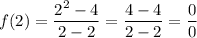f(2)=\dfrac{2^2-4}{2-2}=\dfrac{4-4}{2-2}=\dfrac{0}{0}