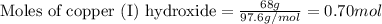 \text{Moles of copper (I) hydroxide}=\frac{68g}{97.6g/mol}=0.70mol