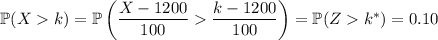 \mathbb P(Xk)=\mathbb P\left(\dfrac{X-1200}{100}\dfrac{k-1200}{100}\right)=\mathbb P(Zk^*)=0.10