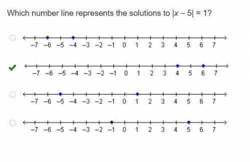 Which number line represents the solutions to |x – 5| = 1?