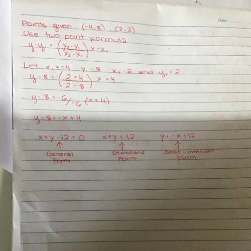 Write an equation of the line that passes through the given points. (-4,8) and (2.2)