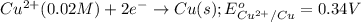 Cu^{2+}(0.02M)+2e^-\rightarrow Cu(s);E^o_{Cu^{2+}/Cu}=0.34V