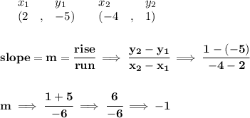 \bf \begin{array}{lllll}&#10;&x_1&y_1&x_2&y_2\\&#10;%   (a,b)&#10;&({{ 2}}\quad ,&{{ -5}})\quad &#10;%   (c,d)&#10;&({{ -4}}\quad ,&{{ 1}})&#10;\end{array}&#10;\\\\\\&#10;% slope  = m&#10;slope = {{ m}}= \cfrac{rise}{run} \implies &#10;\cfrac{{{ y_2}}-{{ y_1}}}{{{ x_2}}-{{ x_1}}}\implies \cfrac{1-(-5)}{-4-2}&#10;\\\\\\&#10;m\implies \cfrac{1+5}{-6}\implies \cfrac{6}{-6}\implies -1