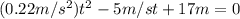 (0.22 m/s^{2})t^{2}-5m/s t+17m=0