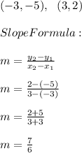 (-3, -5),  \ \  (3, 2)  \\ \\ Slope Formula : \\ \\ m=\frac{y_{2}-y_{1}}{x_{2}-x_{1}}\\ \\m=\frac{ 2-(-5)}{ 3-(-3)}\\\\ m=\frac{ 2+5}{ 3+3}\\\\m=\frac{7}{6}