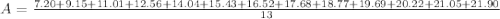 A=\frac{7.20+9.15+11.01+12.56+14.04+15.43+16.52+17.68+18.77+19.69+20.22+21.05+21.90}{13}