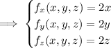 \implies\begin{cases}f_x(x,y,z)=2x\\f_y(x,y,z)=2y\\f_z(x,y,z)=2z\end{cases}
