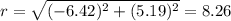 r=\sqrt{(-6.42)^{2}+(5.19)^{2}}=8.26