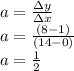 a= \frac{\Delta y}{\Delta x} \\ a= \frac{(8-1)}{(14-0)} \\ a= \frac{1}{2}