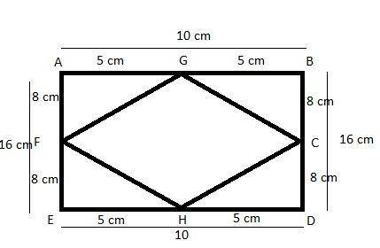 Quadrilateral abde is a rectangle. ab = 10 cm and ae = 16 cm.  rectangle a b d e is shown. point c i