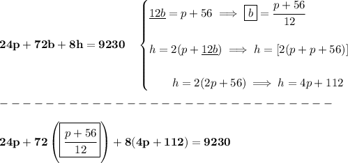 \bf 24p+72b+8h=9230\quad &#10;\begin{cases}&#10;\underline{12b}=p+56\implies \boxed{b}=\cfrac{p+56}{12}\\\\&#10;h=2(p+\underline{12b})\implies h=[2(p+p+56)]\\\\&#10;\qquad h=2(2p+56)\implies h=4p+112&#10;\end{cases}\\\\&#10;-----------------------------\\\\&#10;24p+72\left( \boxed{\cfrac{p+56}{12} }\right)+8(4p+112)=9230
