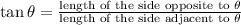 \tan \theta  = \frac{{{\text{length of the side opposite to }}\theta }}{{{\text{length of the side adjacent to }} \theta }}